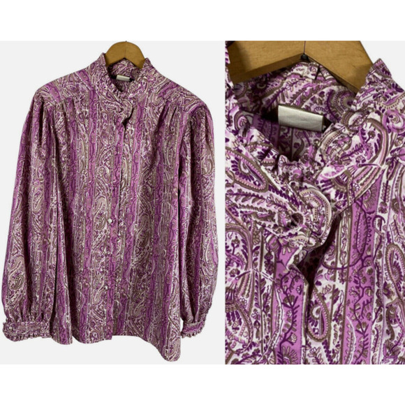 Vintage 1960s Blouse High Ruffle Neck Purple Paisley Button Up Secretary 42 / 2X - Picture 1 of 15